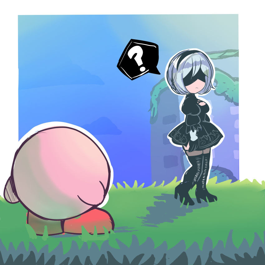 1girl absurdres bbycheese black_blindfold black_dress black_hairband blindfold covered_eyes crossover dress feather-trimmed_sleeves hairband highres kirby kirby_(series) kirby_and_the_forgotten_land nier_(series) nier_automata yorha_no._9_type_s