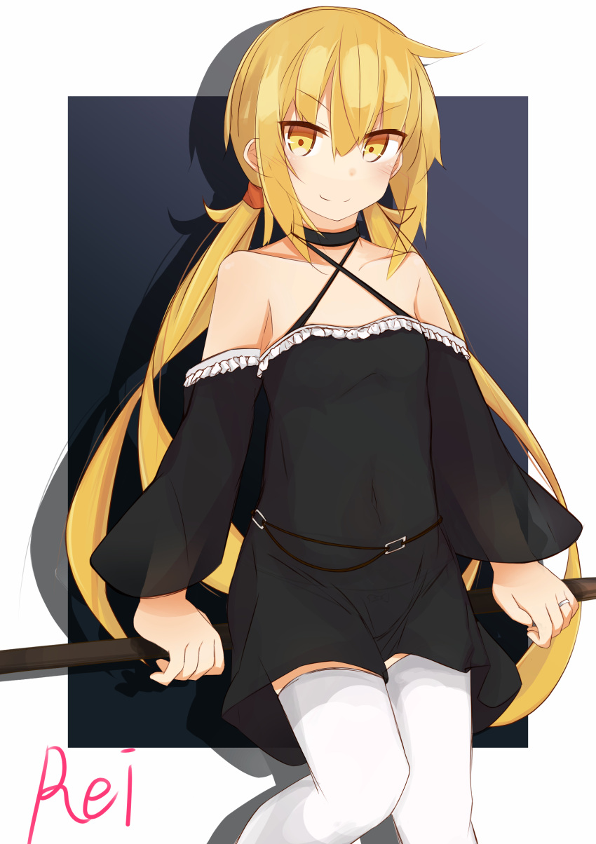 1girl absurdres alternate_costume artist_name black_background black_dress blonde_hair border commentary_request cowboy_shot dress etsuransha_no_rei highres kantai_collection long_hair looking_at_viewer satsuki_(kancolle) sitting solo thigh-highs twintails two-tone_background white_border white_legwear yellow_eyes