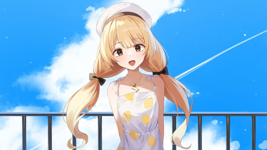 1girl bangs bare_shoulders beret black_bow blonde_hair blue_sky bow brown_eyes clouds collarbone commentary commission day dress eyebrows_visible_through_hair hair_bow hat kimi_(jxrm5387) leaning_to_the_side lemon_print long_hair looking_at_viewer low_twintails original outdoors print_dress railing sky sleeveless sleeveless_dress solo twintails upper_body very_long_hair white_dress white_headwear
