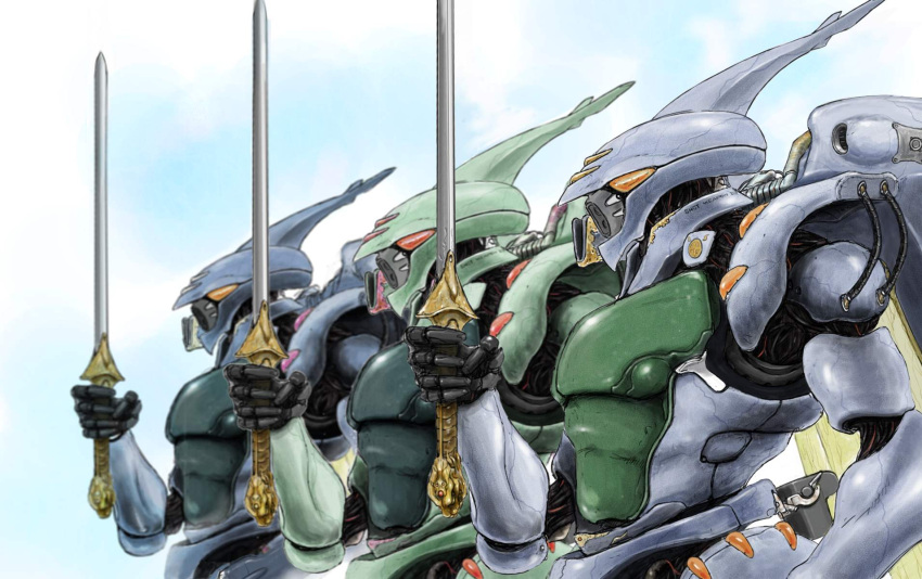antennae army cable claws clouds colored_pencil_(medium) dunbine fantasy graphite_(medium) highres insect_wings izo_(bjc000510) machinery mecha salute scan science_fiction seisenshi_dunbine sword traditional_media upper_body weapon wings
