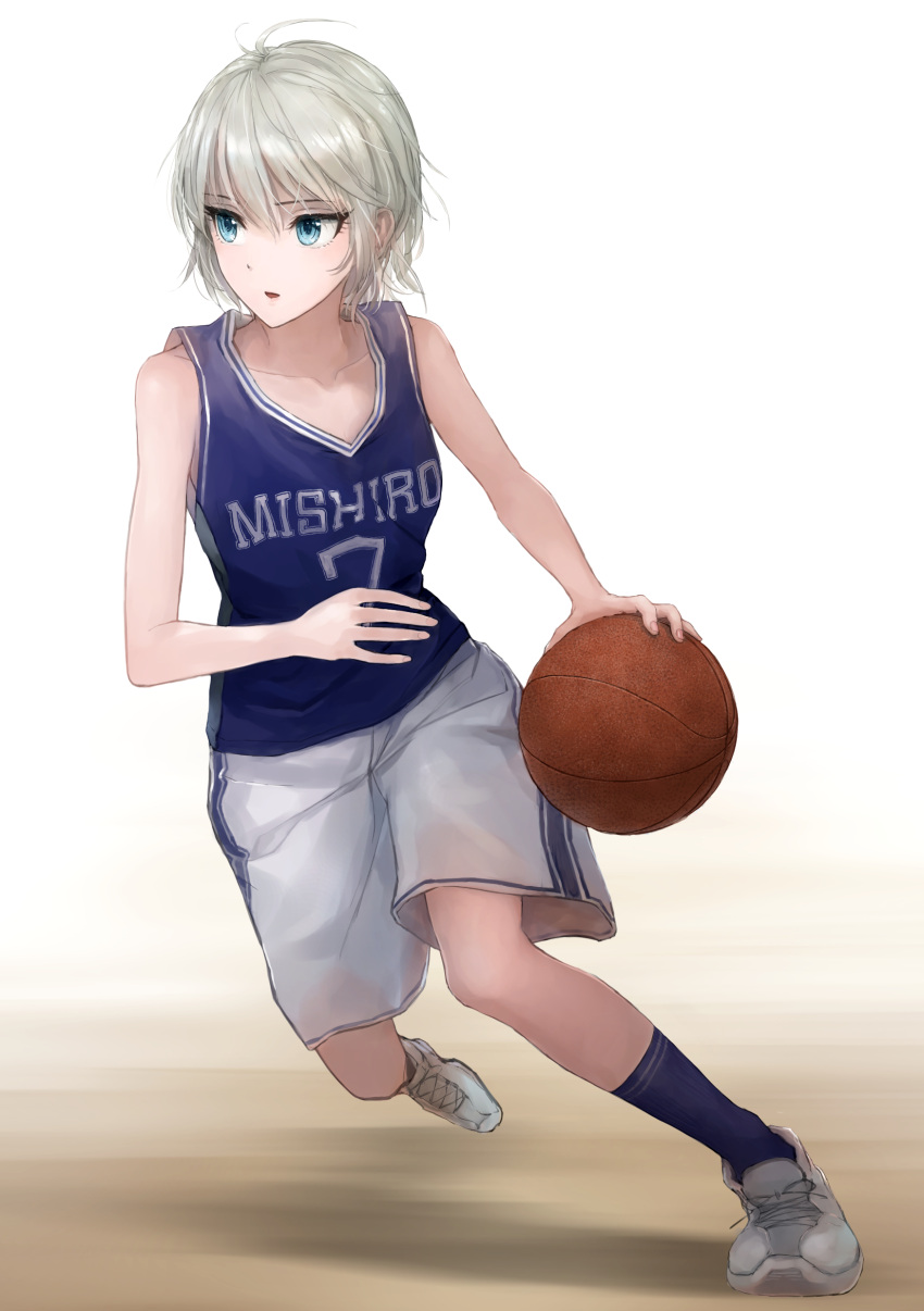 1girl absurdres anastasia_(idolmaster) bangs basketball basketball_uniform blue_eyes blue_legwear blue_shirt collarbone hair_between_eyes highres idolmaster idolmaster_cinderella_girls kusaba_eru_(happy_crystal) open_mouth running shiny shiny_hair shirt shoes short_hair shorts silver_hair simple_background sleeveless sleeveless_shirt sneakers solo sportswear white_background white_footwear white_shorts