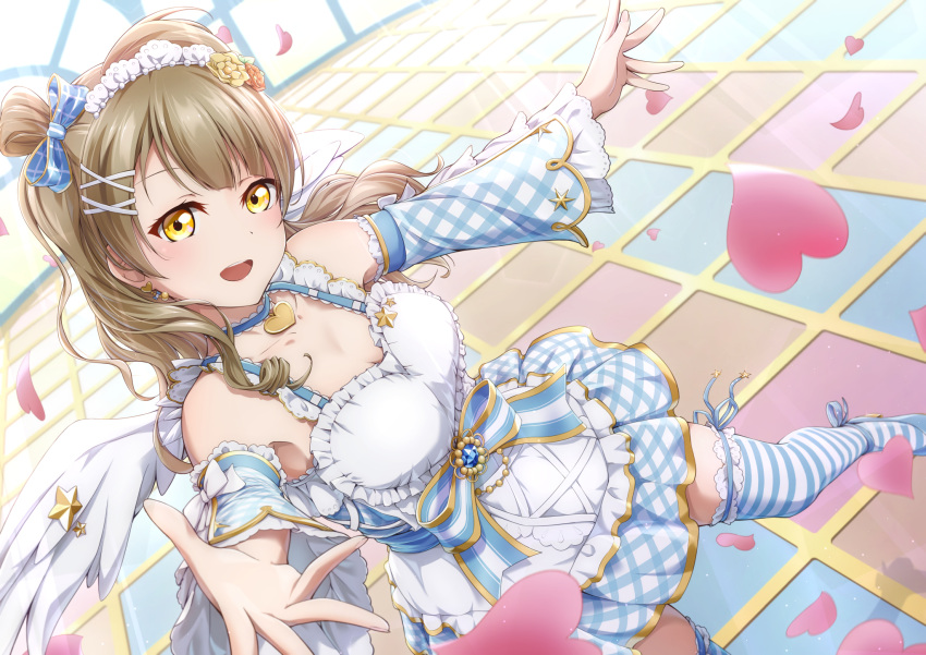 1girl bare_shoulders birthday choker commentary_request detached_sleeves hair_ornament heart highres light_brown_hair long_hair long_sleeves love_live! love_live!_school_idol_project minami_kotori open_mouth prbili smile solo striped striped_legwear thigh-highs white_wings wide_sleeves wings x_hair_ornament yellow_eyes zettai_ryouiki