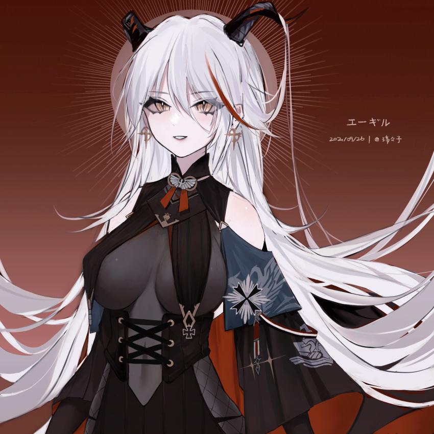 1girl absurdly_long_hair aegir_(azur_lane) azur_lane bare_shoulders black_gloves black_skirt bodystocking breasts cross cross-laced_clothes cross_earrings dated demon_horns earrings elbow_gloves gloves hair_between_eyes hair_on_horn highres horns jewelry large_breasts long_hair looking_at_viewer microskirt rae_(632230212) red_background redhead simple_background skin_tight skirt solo under_boob upper_body very_long_hair white_hair wide_sleeves yellow_eyes