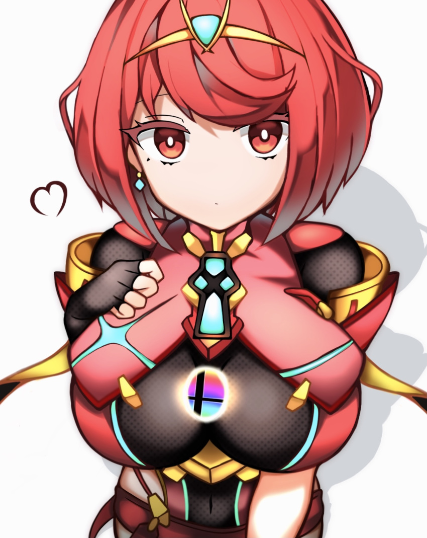 1girl bangs black_gloves breasts chest_jewel earrings fingerless_gloves gloves highres jewelry large_breasts pyra_(xenoblade) red_eyes red_legwear red_shorts redhead rokuko_(locoto0) short_hair short_shorts shorts smash_ball solo super_smash_bros. swept_bangs tiara xenoblade_chronicles_(series) xenoblade_chronicles_2