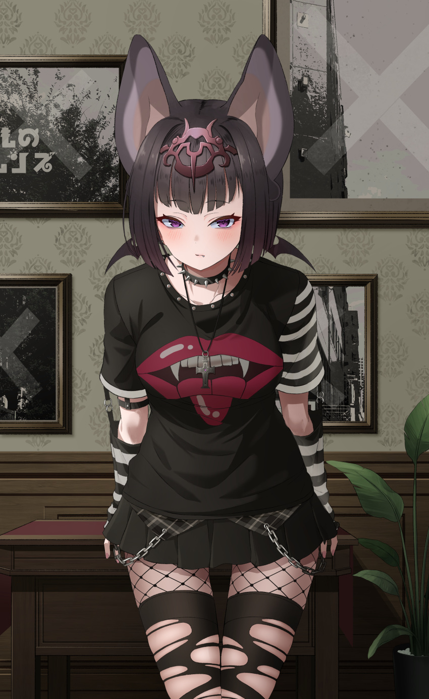 1girl absurdres animal_ears arm_warmers bangs bat_ears black_collar black_hair black_legwear black_shirt black_skirt chain collar collarbone common_vampire_bat_(kemono_friends) cowboy_shot cross cross_necklace deku_suke ear_piercing expressionless extra_ears eyebrows_visible_through_hair fang fang_out fishnets highres indoors japari_symbol jewelry kemono_friends looking_at_viewer necklace piercing plant pleated_skirt potted_plant shirt short_hair short_sleeves skirt solo spiked_collar spikes striped thigh-highs thigh_gap torn_clothes torn_legwear violet_eyes