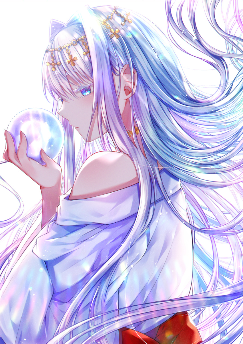 1girl akirannu bangs blue_eyes blue_hair bow colored_eyelashes commentary_request crystal_ball eyebrows_visible_through_hair floating_hair from_behind hair_between_eyes hair_intakes hand_up highres holding japanese_clothes kimono long_hair long_sleeves off_shoulder original parted_lips red_bow silver_hair simple_background solo upper_body very_long_hair white_background white_kimono wide_sleeves