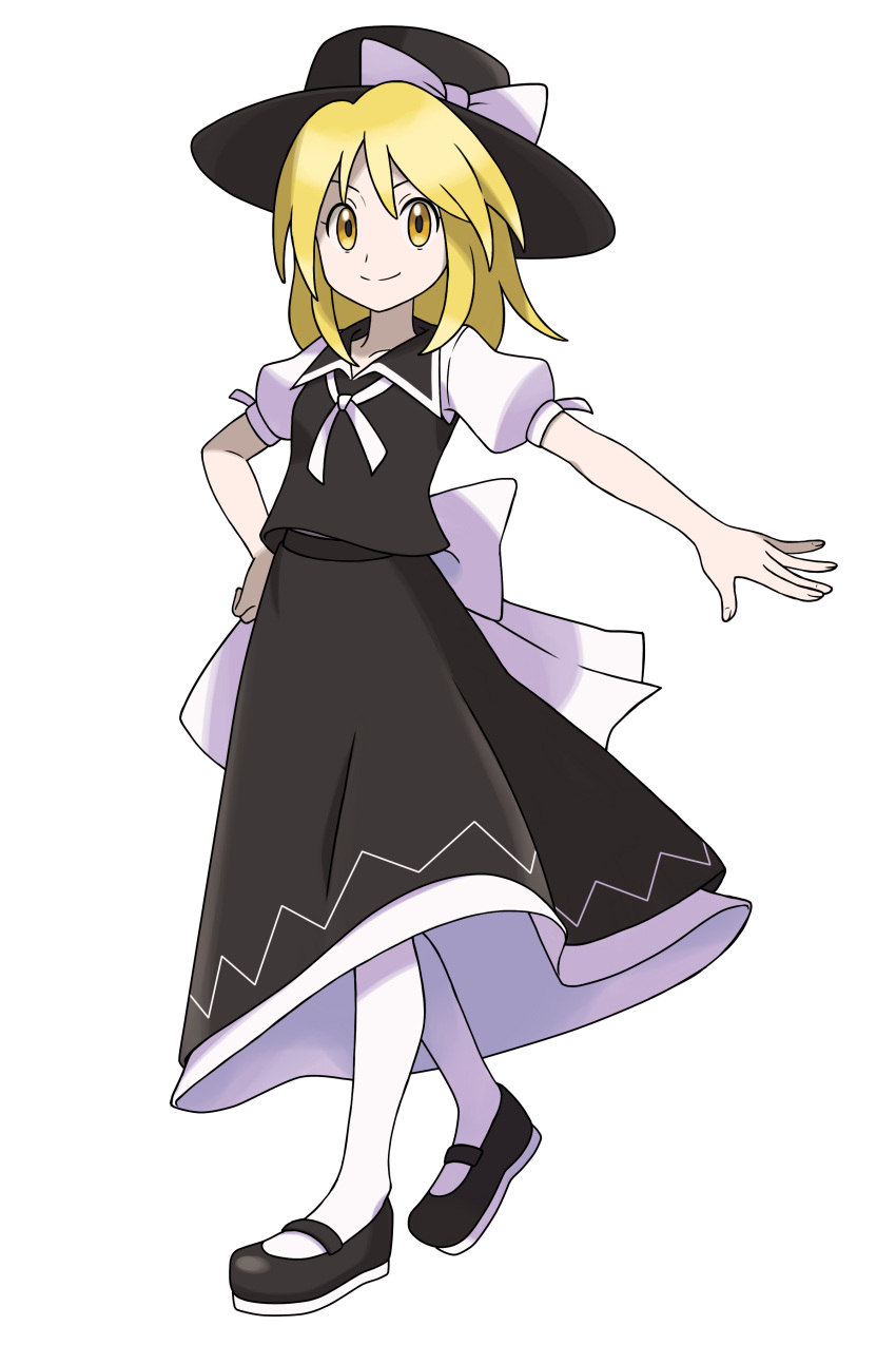 1girl absurdres asatsuki_(fgfff) back_bow black_footwear black_headwear black_skirt black_vest blonde_hair bow closed_mouth collared_vest fedora full_body hat hat_bow highres long_skirt mary_janes puffy_short_sleeves puffy_sleeves ribbon shirt shoes short_hair short_sleeves simple_background skirt smile touhou vest white_background white_bow white_legwear white_neckwear white_ribbon white_shirt yellow_eyes yuki_(touhou)