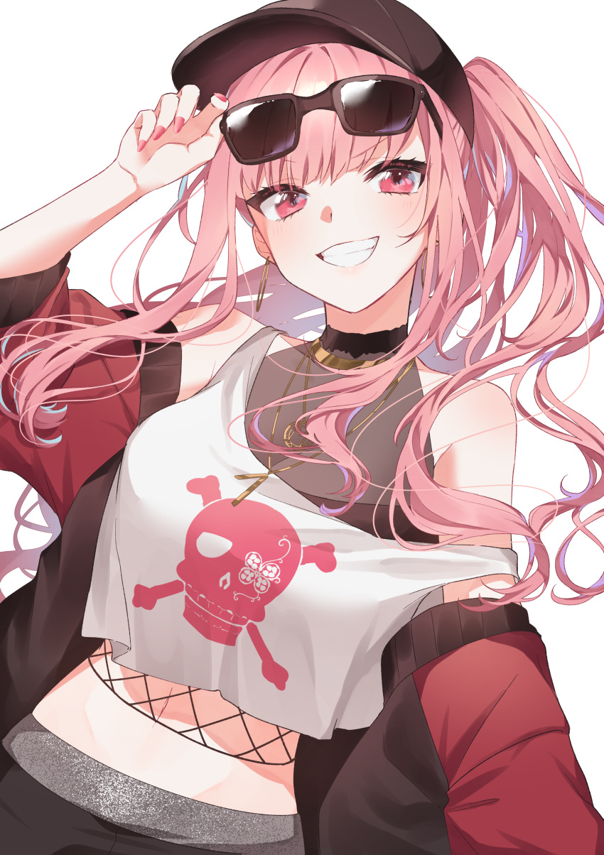 1girl absurdres alternate_costume bangs baseball_cap breasts commentary crop_top crop_top_overhang earrings eyebrows_visible_through_hair eyewear_on_head fishnets grin hat highres holding holding_eyewear hololive hololive_english hoop_earrings jacket jewelry long_hair looking_at_viewer mochizuki_mochi mori_calliope multicolored multicolored_clothes multicolored_jacket nail_polish navel necklace official_alternate_costume open_clothes open_jacket pink_eyes pink_hair revision side_ponytail sidelocks simple_background skull_and_crossbones skull_print smile solo strap_slip sunglasses symbol-only_commentary tank_top two-tone_jacket virtual_youtuber white_background