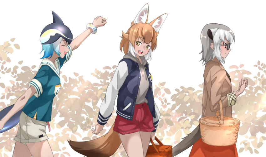3girls animal_ears arm_up basket beige_coat black_hair blonde_hair blowhole blue_hair blue_jacket blue_shirt blush casual clenched_hand coat common_dolphin_(kemono_friends) cowboy_shot dhole_(kemono_friends) dog_ears dog_girl dog_tail dolphin_girl dolphin_tail dorsal_fin drawstring extra_ears eyebrows_visible_through_hair glasses grey_hair grey_hoodie highres hood hood_down hoodie jacket kemono_friends kemono_friends_3 letterman_jacket light_brown_hair long_sleeves meerkat_(kemono_friends) meerkat_ears meerkat_tail multicolored multicolored_clothes multicolored_hair multicolored_jacket multiple_girls official_alternate_costume plaid_trim red_shorts red_skirt sailor_collar shirt short_hair short_shorts short_sleeves shorts skirt t-shirt tail tanabe_(fueisei) two-tone_hair two-tone_jacket white_hair white_jacket white_shorts yellow_eyes
