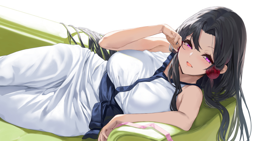 1girl arm_support bangs bare_arms bare_shoulders black_hair blush breasts commentary_request couch dutch_angle feet_out_of_frame hair_bobbles hair_ornament highres large_breasts long_hair lying on_couch on_side open_mouth parted_bangs simple_background sleeveless solo tears touhoku_itako very_long_hair violet_eyes voiceroid waking_up white_background wiping_tears yappen