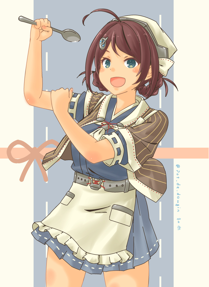 1girl absurdres ahoge apron bandana blue_background blue_eyes blue_sailor_collar blue_serafuku blue_skirt braid breasts brown_hair brown_shawl chougei_(kancolle) cowboy_shot eyebrows hair_ornament hair_rings hairclip headgear highres holding holding_spoon kantai_collection large_breasts long_hair looking_at_viewer neckerchief open_mouth pleated_skirt pot-de sailor_collar school_uniform serafuku shawl short_sleeves skirt smile solo spoon standing twin_braids twitter_username waist_apron white_apron white_background white_neckwear