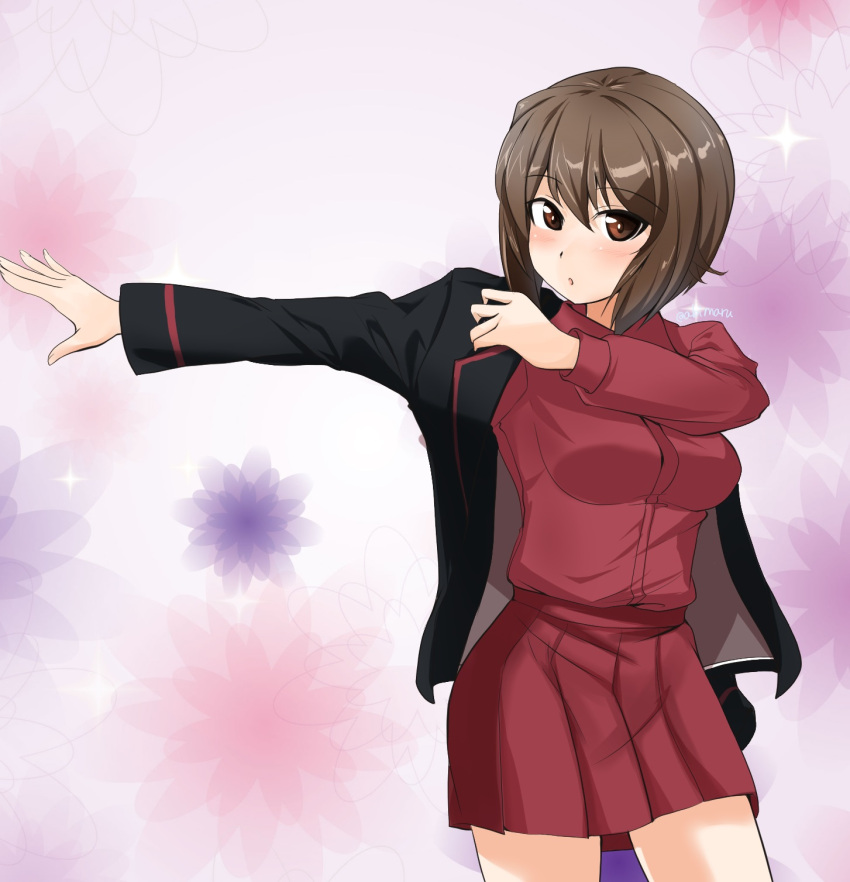 1girl abimaru_gup bangs black_jacket brown_eyes brown_hair check_commentary commentary_request cowboy_shot dress_shirt dressing eyebrows_visible_through_hair floral_background girls_und_panzer highres jacket kuromorimine_military_uniform long_sleeves looking_at_viewer military military_uniform miniskirt nishizumi_maho open_clothes open_jacket parted_lips pleated_skirt purple_background red_shirt red_skirt shirt short_hair skirt solo twitter_username uniform wing_collar