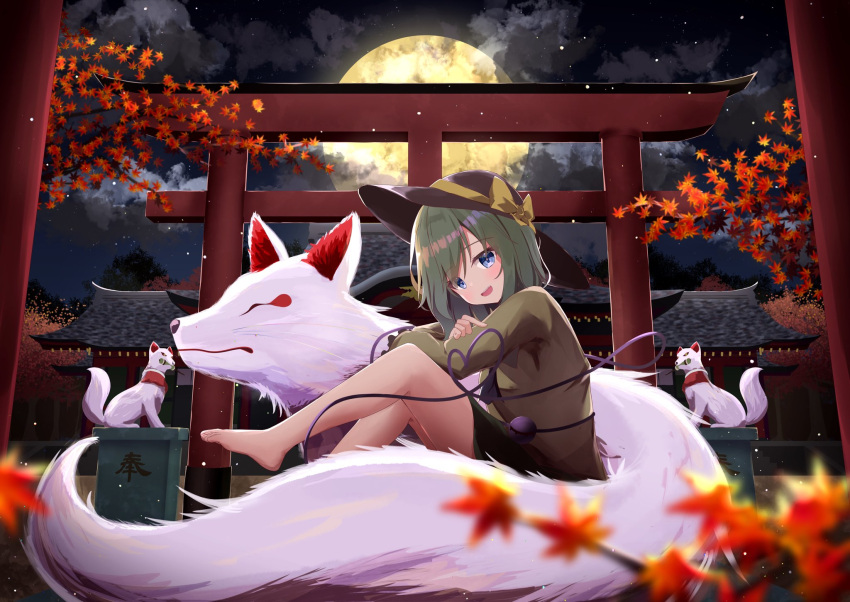 1girl bare_legs barefoot blue_eyes bow collared_shirt eyeball fox frilled_sleeves frills full_body green_hair green_skirt hat hat_bow hat_ribbon heart heart_of_string highres kirikaze_ren komeiji_koishi leaf long_sleeves looking_at_viewer night open_mouth outdoors revision ribbon shirt short_hair shrine sitting skirt string third_eye torii touhou tree wide_sleeves yellow_bow yellow_ribbon yellow_shirt