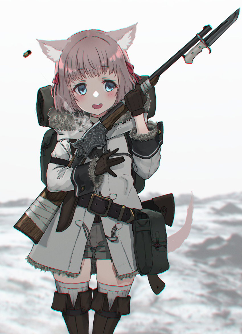 1girl absurdres animal_ears antique_firearm backpack bag bayonet belt blue_eyes blurry blurry_background boots cat_ears chromatic_aberration commentary fur_trim gloves gun hatchet highres holding holding_gun holding_weapon jacket oota_youjo original peabody_action pouch rifle shell_casing short_hair short_shorts shorts snow solo steam thigh-highs thigh_boots weapon zettai_ryouiki