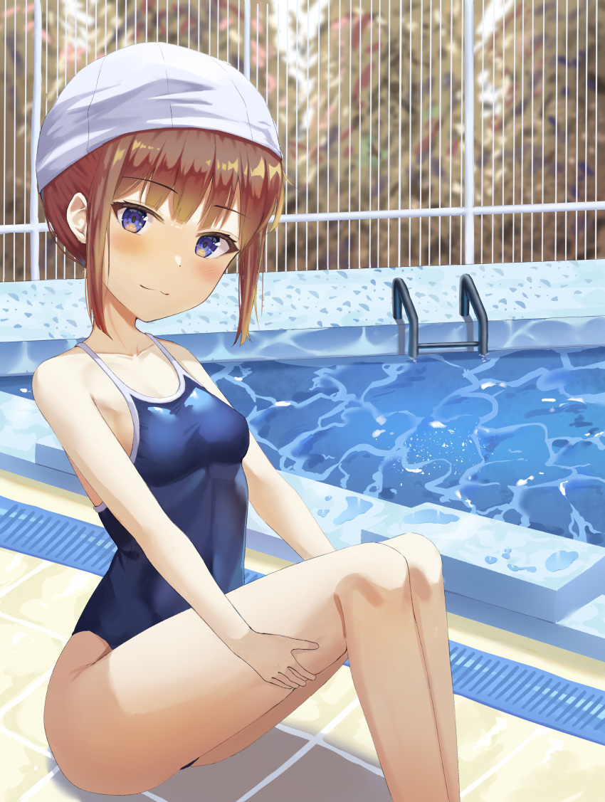 1girl absurdres blue_eyes blue_swimsuit brown_hair commentary_request competition_school_swimsuit dalian_(wlals088) fence highres new_school_swimsuit original pool pool_ladder school_swimsuit short_hair sitting solo swim_cap swimsuit water