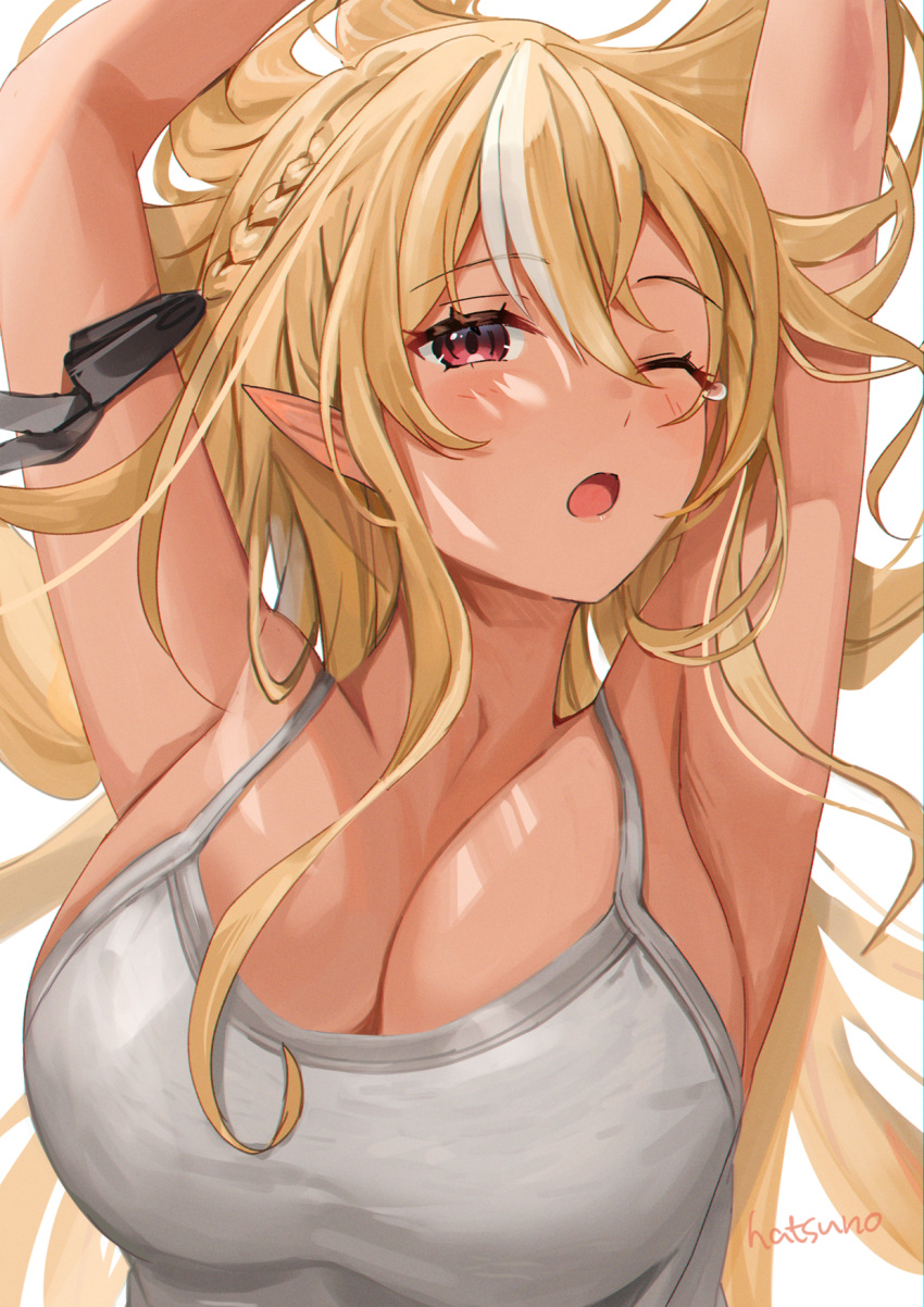 1girl ;o armpits arms_up bangs black_ribbon blonde_hair braid breasts camisole commentary_request dark-skinned_female dark_skin eyebrows_visible_through_hair floating_hair hair_between_eyes hair_ribbon hatsuno_xxx highres hololive large_breasts long_hair looking_at_viewer multicolored_hair one_eye_closed pointy_ears red_eyes ribbon shiranui_flare signature simple_background solo streaked_hair tearing_up upper_body virtual_youtuber white_background white_hair