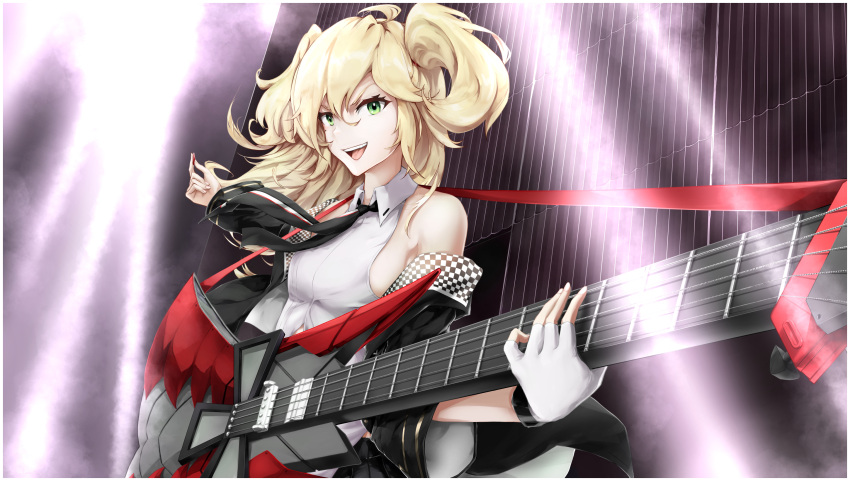 1girl admiral_hipper_(azur_lane) admiral_hipper_(muse)_(azur_lane) azur_lane black_jacket black_neckwear blonde_hair blouse breasts electric_guitar fingerless_gloves gloves guitar highres holding holding_instrument instrument jacket long_hair looking_at_viewer medium_breasts necktie open_clothes open_jacket sideboob single_glove sleeveless_blouse solo victear white_blouse white_gloves