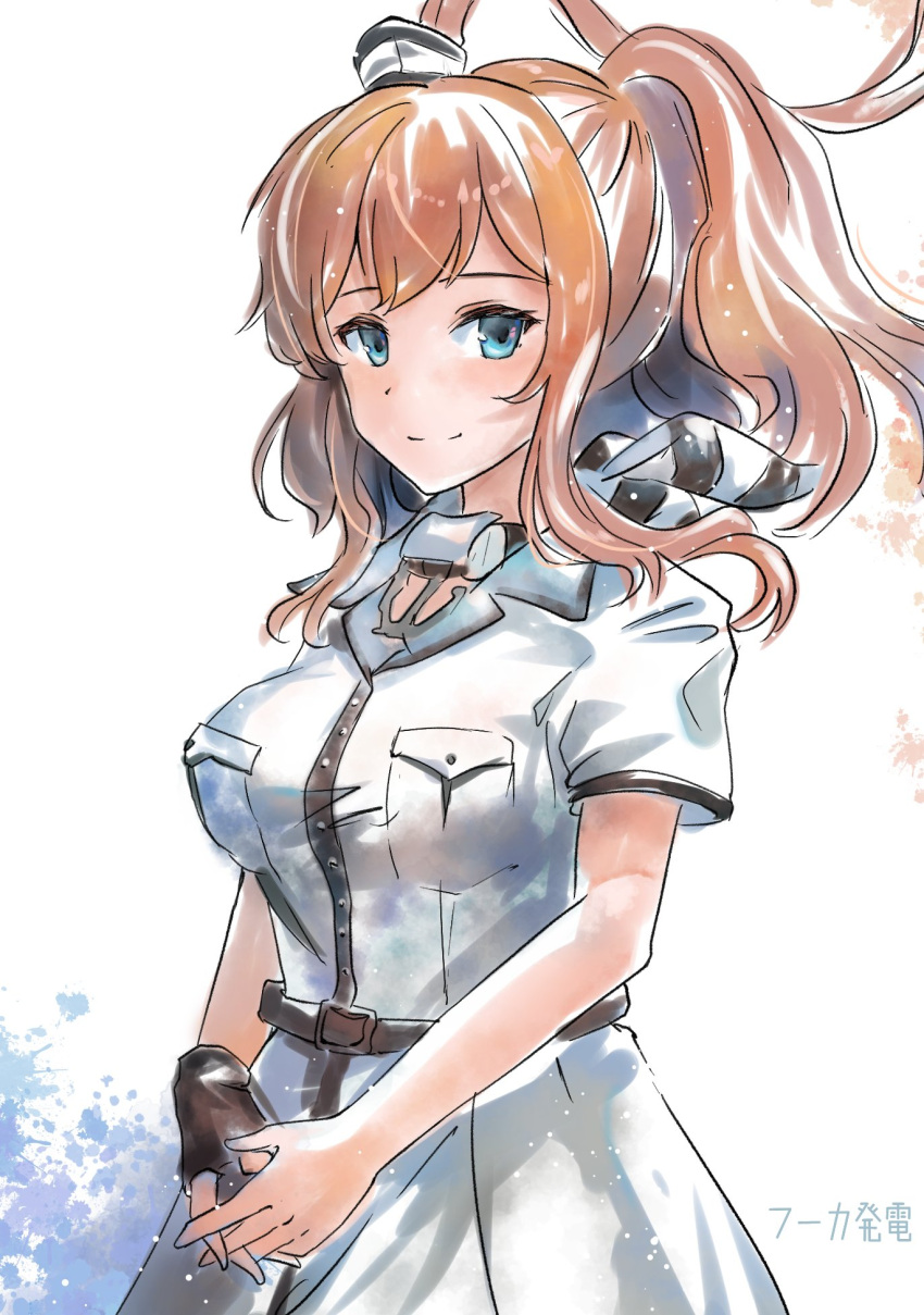 1girl anchor_necklace blue_eyes breast_pocket brown_hair dress fuuka_hatsuden gloves hair_between_eyes highres kantai_collection looking_at_viewer one-hour_drawing_challenge pocket ponytail remodel_(kantai_collection) saratoga_(kancolle) side_ponytail sidelocks single_glove smile smokestack_hair_ornament solo white_background white_dress