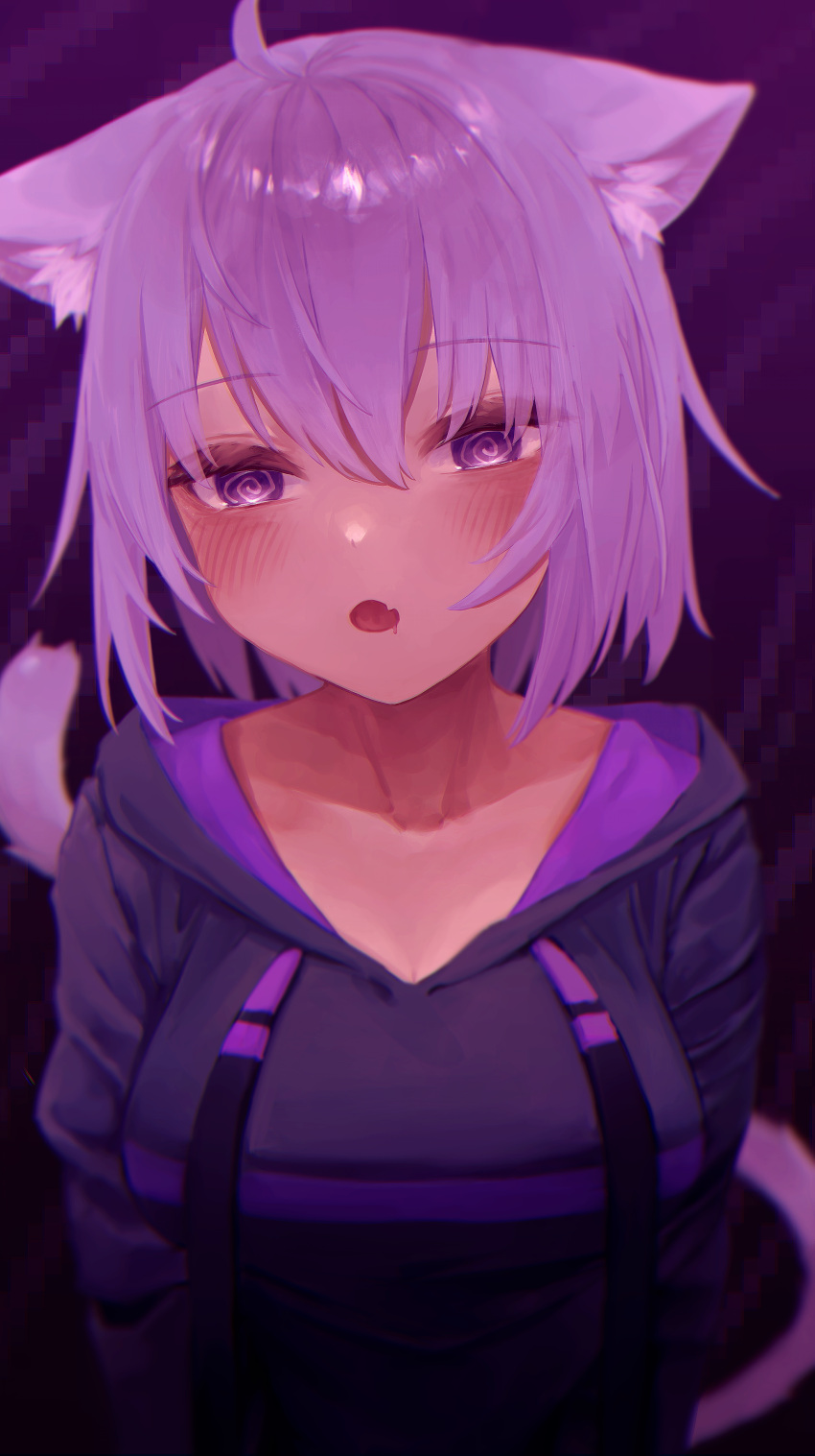 1girl @_@ absurdres ahoge animal_ear_fluff animal_ears bangs black_hoodie breasts cat_ears cat_girl cat_tail collarbone fang hair_between_eyes highres hololive hood hoodie large_breasts long_sleeves looking_at_viewer nanome_to nekomata_okayu open_mouth purple_hair short_hair skin_fang solo tail violet_eyes virtual_youtuber