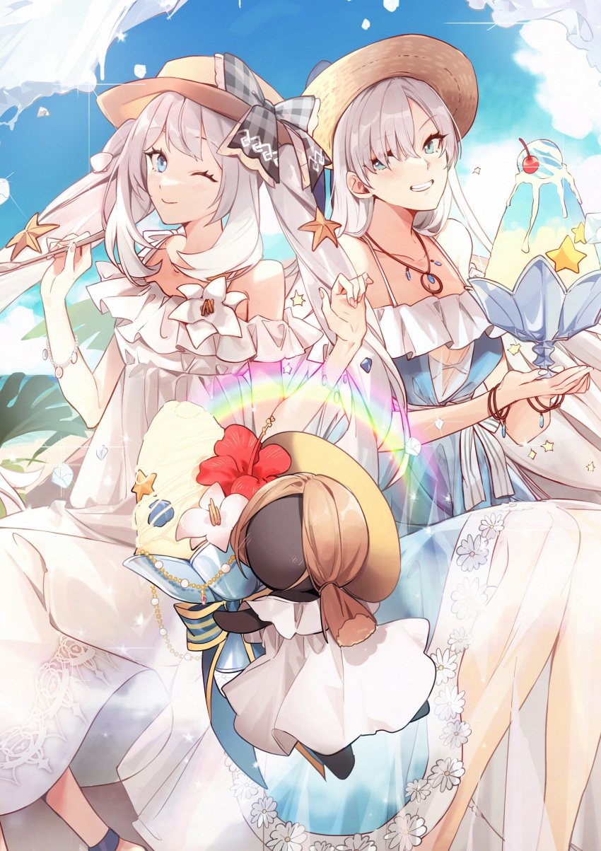 2girls anastasia_(fate) anastasia_(swimsuit_archer)_(fate) bangs bare_shoulders blue_dress blue_eyes blue_sky blush bracelet breasts collarbone doll dress earrings fate/grand_order fate_(series) grin hair_over_one_eye hat highres jewelry large_breasts long_hair looking_at_viewer marie_antoinette_(fate) marie_antoinette_(swimsuit_caster)_(fate) medium_breasts multiple_girls necklace no-kan pendant see-through_skirt shaved_ice silver_hair skirt sky smile straw_hat sun_hat very_long_hair viy_(fate) white_dress