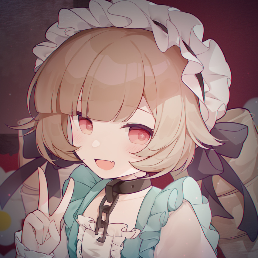 +_+ 1girl :d bangs black_bow black_hairband bow brown_hair center_frills commentary drill_hair eta eyebrows_visible_through_hair fang frilled_hairband frilled_shirt_collar frills hair_bow hairband hand_up highres long_hair looking_at_viewer open_mouth original puffy_sleeves red_eyes shirt smile solo symbol-only_commentary twin_drills upper_body v white_shirt wrist_cuffs