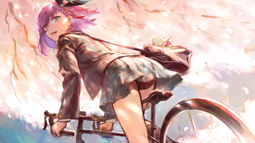 1girl :d bag bicycle bike_shorts_under_skirt black_bow blazer bow copyright_request from_behind grey_skirt ground_vehicle hair_bow highres jacket long_sleeves looking_at_viewer looking_back miniskirt open_mouth purple_hair riding shoulder_bag skirt smile solo tentsuu_(tentwo) yellow_eyes