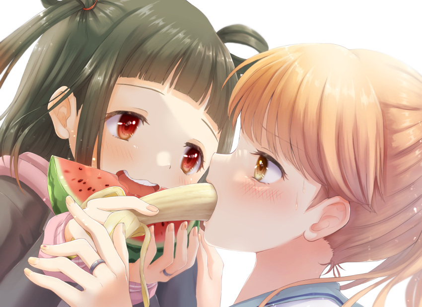 2girls banana black_hair blush eating eyebrows_visible_through_hair food fruit highres jewelry kanechitomoyo kirari_hikaru long_sleeves magia_record:_mahou_shoujo_madoka_magica_gaiden mahou_shoujo_madoka_magica multiple_girls open_mouth orange_eyes orange_hair ouba_juri ponytail red_eyes ring smile watermelon