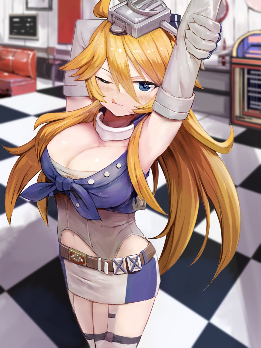 1girl :q ahoge arms_up bangs blonde_hair blue_eyes blush breasts checkered checkered_floor couch elbow_gloves eyebrows_visible_through_hair front-tie_top garter_straps gloves hair_between_eyes headgear highres honmakaina_kudou indoors iowa_(kancolle) jukebox kantai_collection large_breasts long_hair looking_at_viewer one_eye_closed skirt sleeveless solo tongue tongue_out