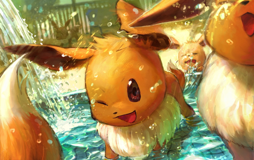 :d eevee fountain grimace no_humans one_eye_closed open_mouth outdoors pokemon pokemon_(creature) smile tentsuu_(tentwo) water water_drop waterfall