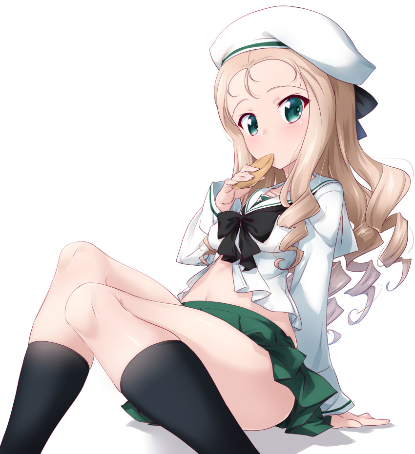 1girl black_legwear blonde_hair blush breasts commentary_request covered_nipples eating food girls_und_panzer green_eyes green_skirt hair_ornament hair_ribbon hat highres kuzuryuu_kennosuke long_hair looking_at_viewer marie_(girls_und_panzer) midriff miniskirt navel ooarai_school_uniform pleated_skirt ribbon school_uniform shiny shiny_hair simple_background sitting skindentation skirt small_breasts socks solo white_background