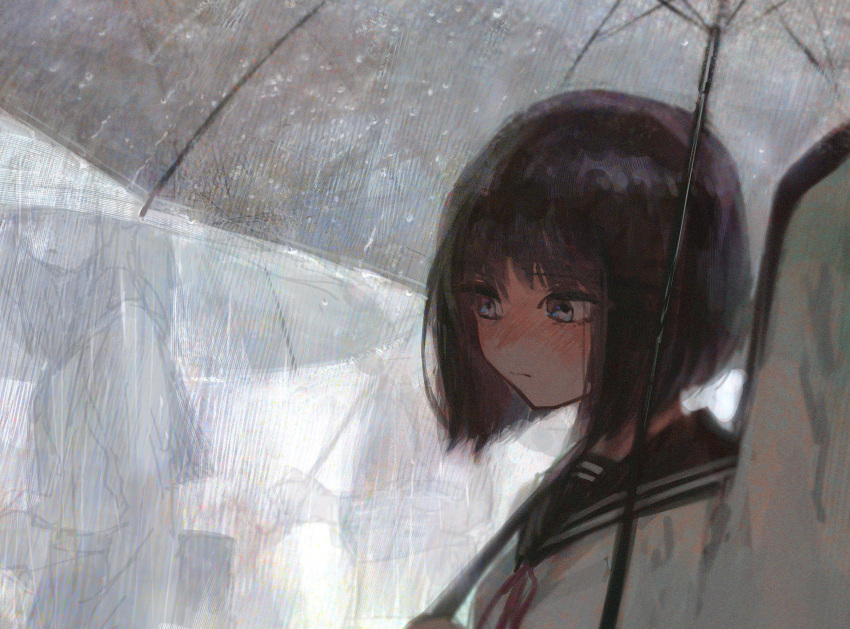 1girl 1other black_sailor_collar blue_eyes blush bob_cut brown_hair closed_mouth embarrassed highres medium_hair original people sailor_collar school_uniform serafuku shared_umbrella shirt tentsuu_(tentwo) umbrella under_umbrella white_shirt