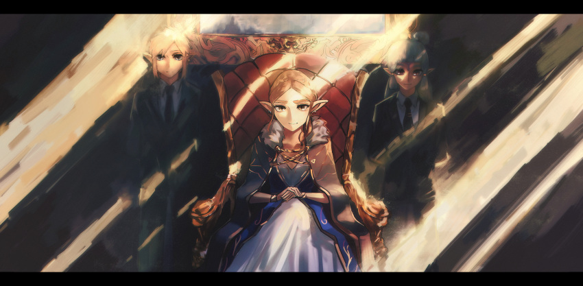 1boy 2girls absurdres armchair arms_behind_back chair facial_mark forehead_mark formal hair_bun hands_together highres hyrule_warriors:_age_of_calamity impa link mpka_yt multiple_girls necktie picture_frame pointy_ears princess_zelda serious sitting smile standing suit sunlight the_legend_of_zelda the_legend_of_zelda:_breath_of_the_wild