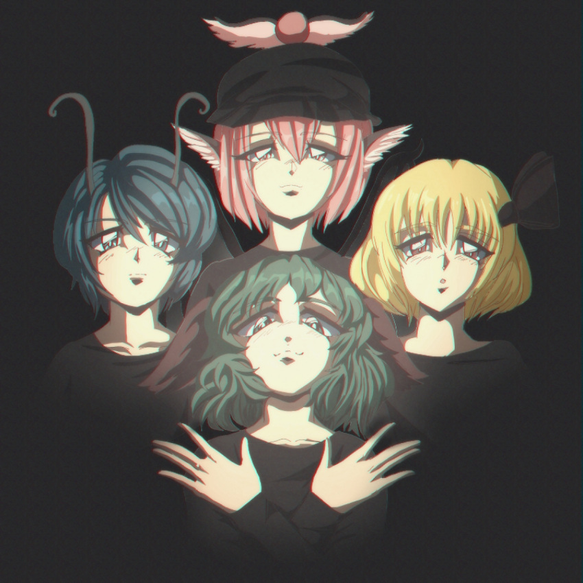 1990s_(style) 4girls :o album_cover album_cover_redraw animal_ears antennae bangs bird_wings black_ribbon black_shirt blonde_hair bohemian_rhapsody choujuu_gigaku closed_mouth collarbone cover darkness derivative_work dog_ears eyebrows_visible_through_hair face feathered_wings flat_chest green_eyes green_hair hair_ribbon hands hat highres kasodani_kyouko mob_cap multiple_girls mystia_lorelei parody pink_eyes pink_hair queen_(band) red_eyes retro_artstyle ribbon rumia shirt short_hair smile step_arts tomboy touhou winged_hat wings wriggle_nightbug