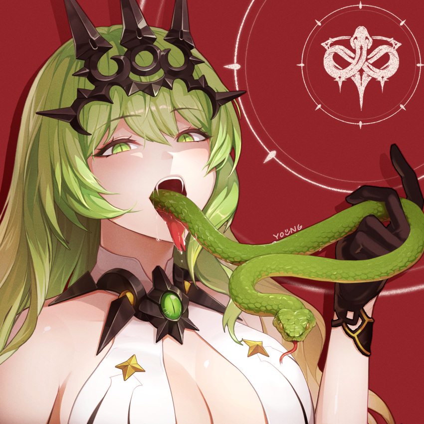 black_gloves blonde_hair commentary_request forked_tongue gloves gradient_hair green_eyes green_hair highres honkai_(series) honkai_impact_3rd long_hair long_tongue mobius_(honkai_impact) multicolored_hair slit_pupils snake tongue tongue_out