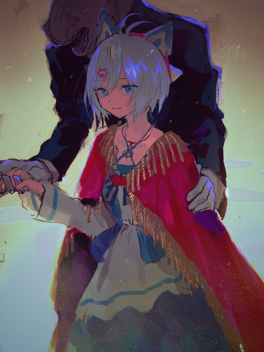 1boy 1girl absurdres antenna_hair black_jacket blue_eyes cape closed_mouth dennou_shoujo_youtuber_siro dress grey_hair highres holding_hands horse_mask jacket long_sleeves looking_at_viewer mask red_cape siro_(dennou_shoujo_youtuber_siro) smile solo standing tentsuu_(tentwo) tuxedo virtual_youtuber white_dress