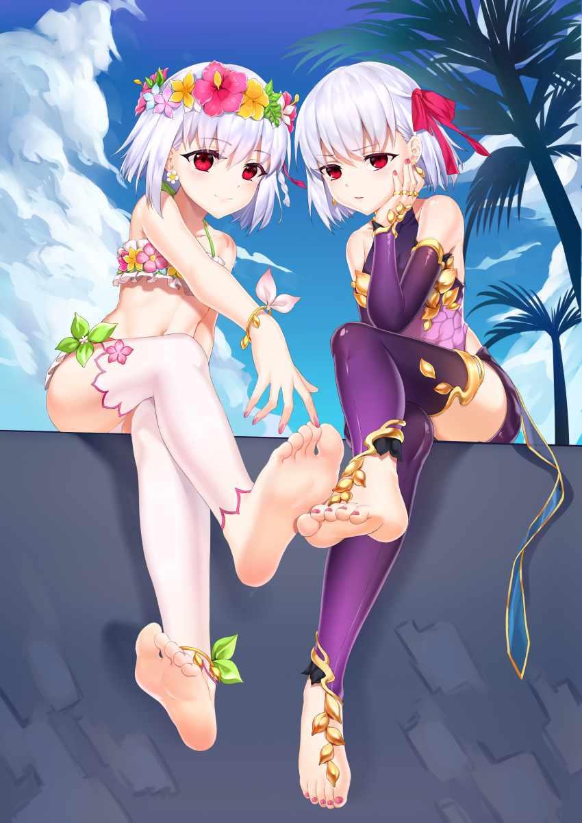 2girls absurdres armlet armor bangs bare_shoulders barefoot bikini bikini_armor blue_sky blush bracelet breasts collar collarbone crossed_legs detached_leggings detached_sleeves dress dual_persona earrings fate/grand_order fate_(series) feet floral_print flower_wreath green_bikini hair_ribbon head_wreath highres jewelry kama_(fate) kama_(swimsuit_avenger)_(fate) legs looking_at_viewer metal_collar miniskirt multiple_girls navel palm_tree pelvic_curtain purple_dress purple_legwear purple_skirt purple_sleeves red_eyes ribbon ring short_hair silver_hair sitting skirt sky small_breasts smile soles swimsuit thighlet toes tree white_legwear xo_(xo17800108)