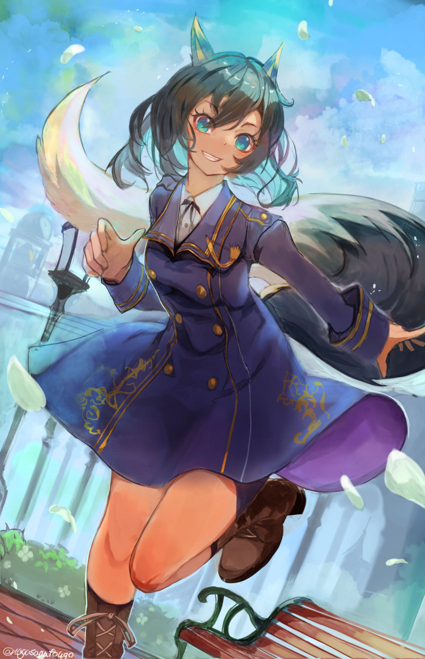 1girl animal_ears bench black_hair blue_dress blue_eyes boots bush buttons clouds cloudy_sky commentary commission cross-laced_footwear dark-skinned_female dark_skin double-breasted dress dutch_angle fox_ears fox_girl fox_tail grin highres knee_boots lace-up_boots lamppost leaf nagasawa_tougo neck_ribbon original outdoors park park_bench ribbon signature skeb_commission sketch sky smile solo standing standing_on_one_leg tail tan tree twitter_username wind