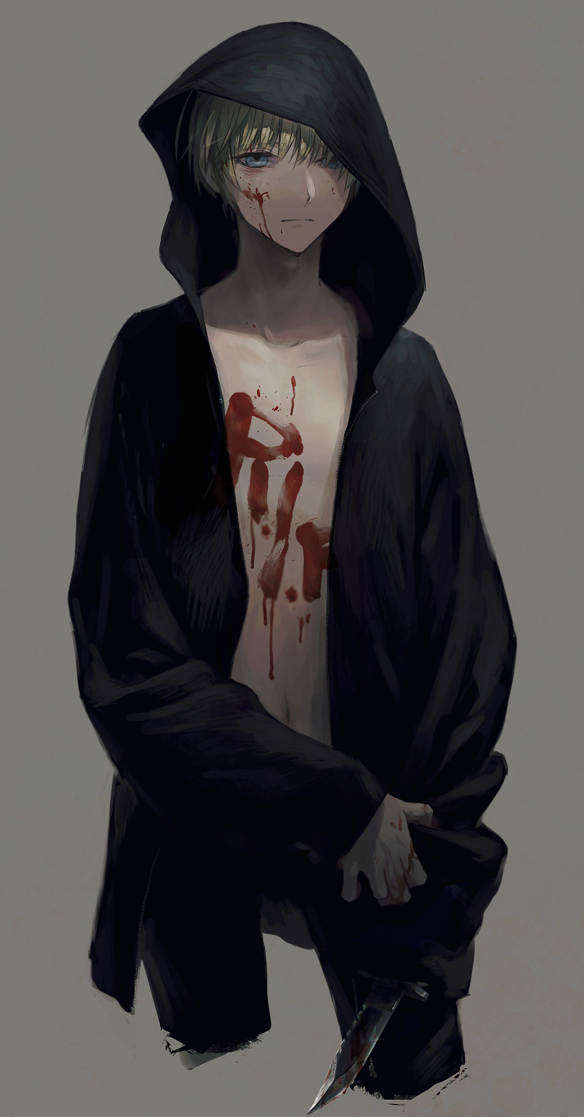 1boy absurdres black_hoodie black_pants blood blood_on_face blue_eyes body_writing closed_mouth cowboy_shot green_hair grey_background highres holding holding_knife hood hood_down hoodie knife looking_at_viewer male_focus original pants rest_in_peace_(phrase) short_hair simple_background solo tentsuu_(tentwo)