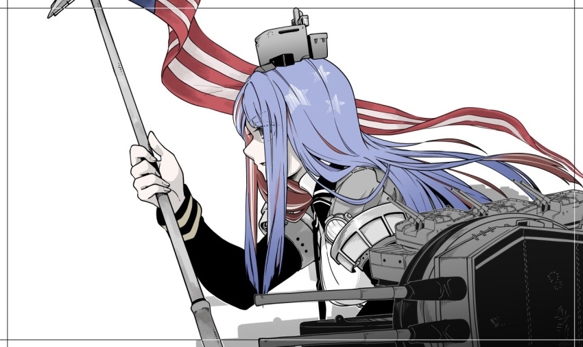 1girl american_flag bangs blue_hair flag from_side fujinoki_(horonabe-ken) greyscale headgear holding holding_flag kantai_collection long_hair long_sleeves monochrome multicolored_hair parted_lips profile redhead rigging sidelocks simple_background solo south_dakota_(kancolle) spot_color star_(symbol) upper_body white_hair