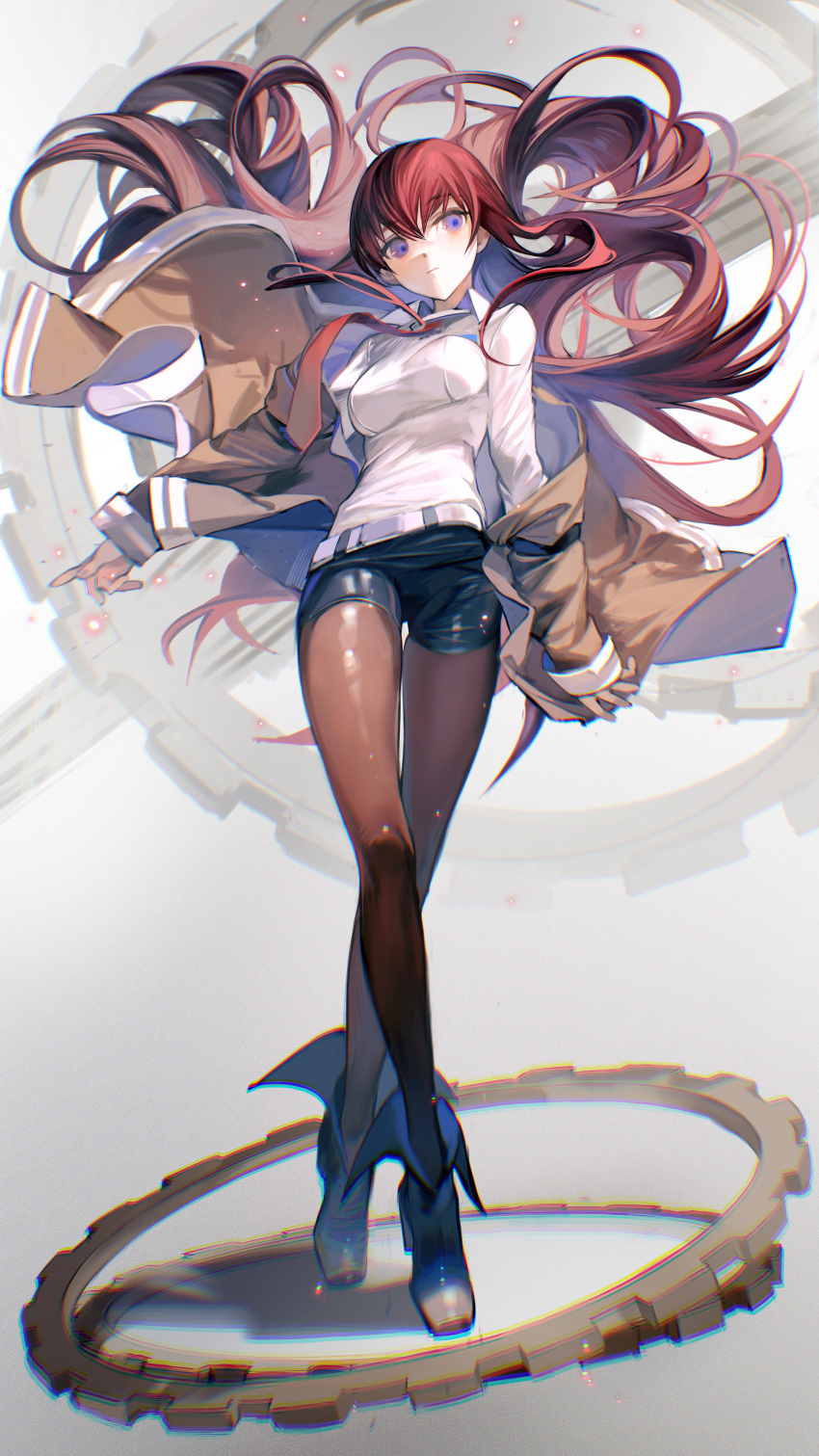 1girl absurdres bangs black_footwear black_legwear black_shorts blue_eyes boots breasts brown_hair brown_jacket dress_shirt full_body grey_eyes highres huge_filesize jacket legwear_under_shorts long_hair long_sleeves makise_kurisu medium_breasts necktie open_clothes open_jacket pantyhose red_neckwear rumoon shirt short_shorts shorts solo standing steins;gate thighs very_long_hair white_shirt