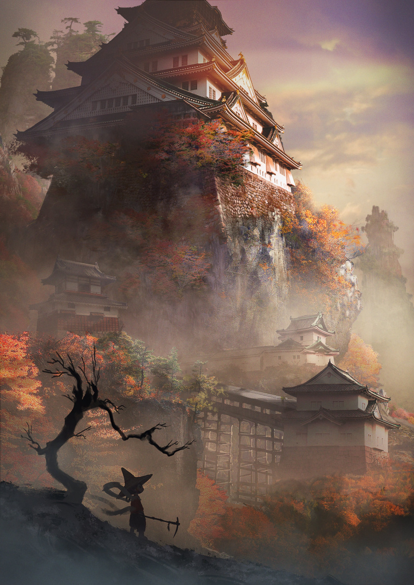 1girl absurdres architecture autumn_leaves bare_tree building castle commentary_request couldoh east_asian_architecture fog hagoromo hat highres hoe japanese_clothes kimono mountain outdoors pagoda railing red_kimono rice_hat sakuna-hime scenery shawl sky solo tensui_no_sakuna-hime tree