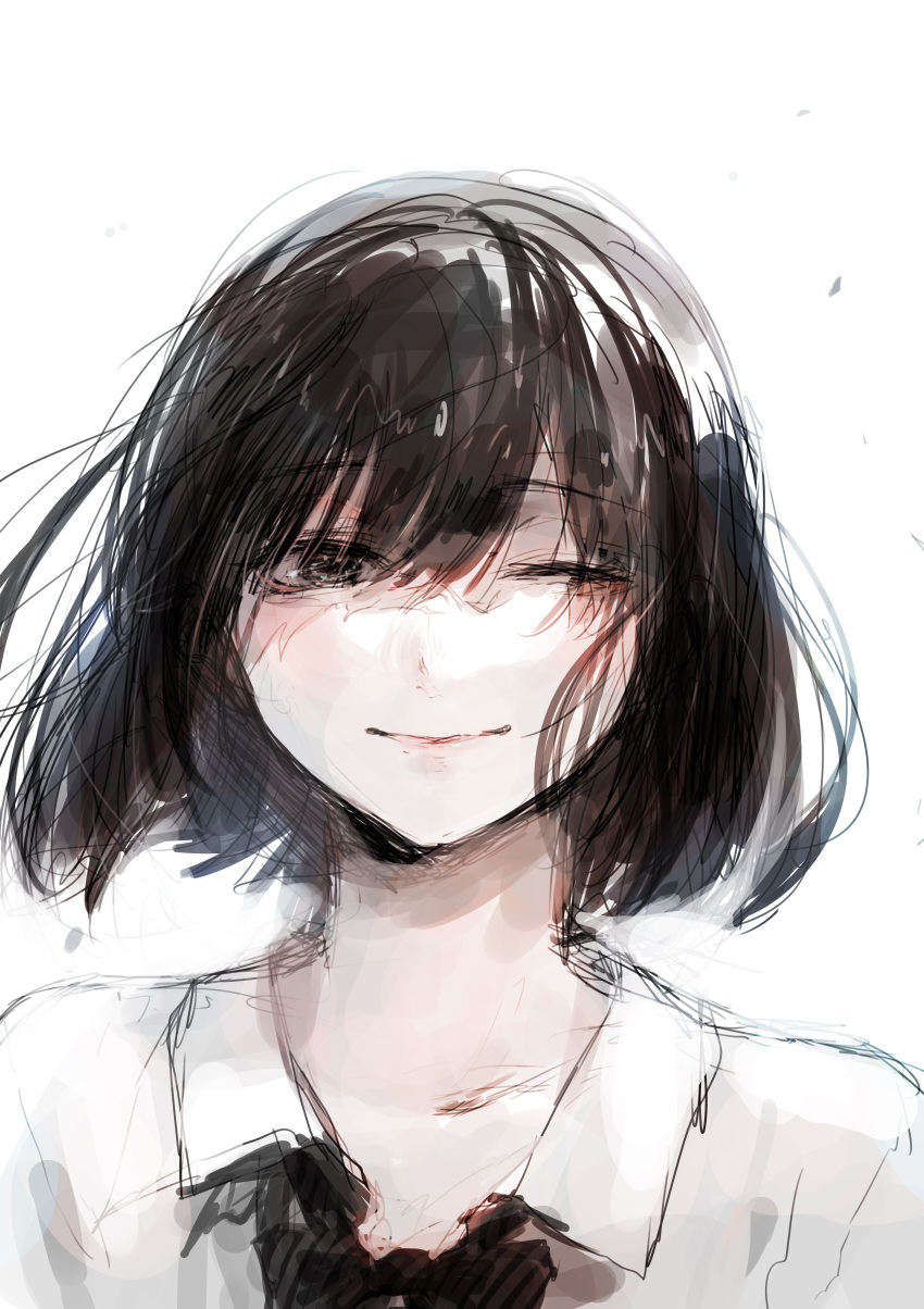1girl absurdres black_bow black_eyes black_neckwear bob_cut bow bowtie brown_hair closed_mouth highres looking_at_viewer medium_hair one_eye_closed original portrait shirt simple_background sketch smile solo tentsuu_(tentwo) white_background white_shirt