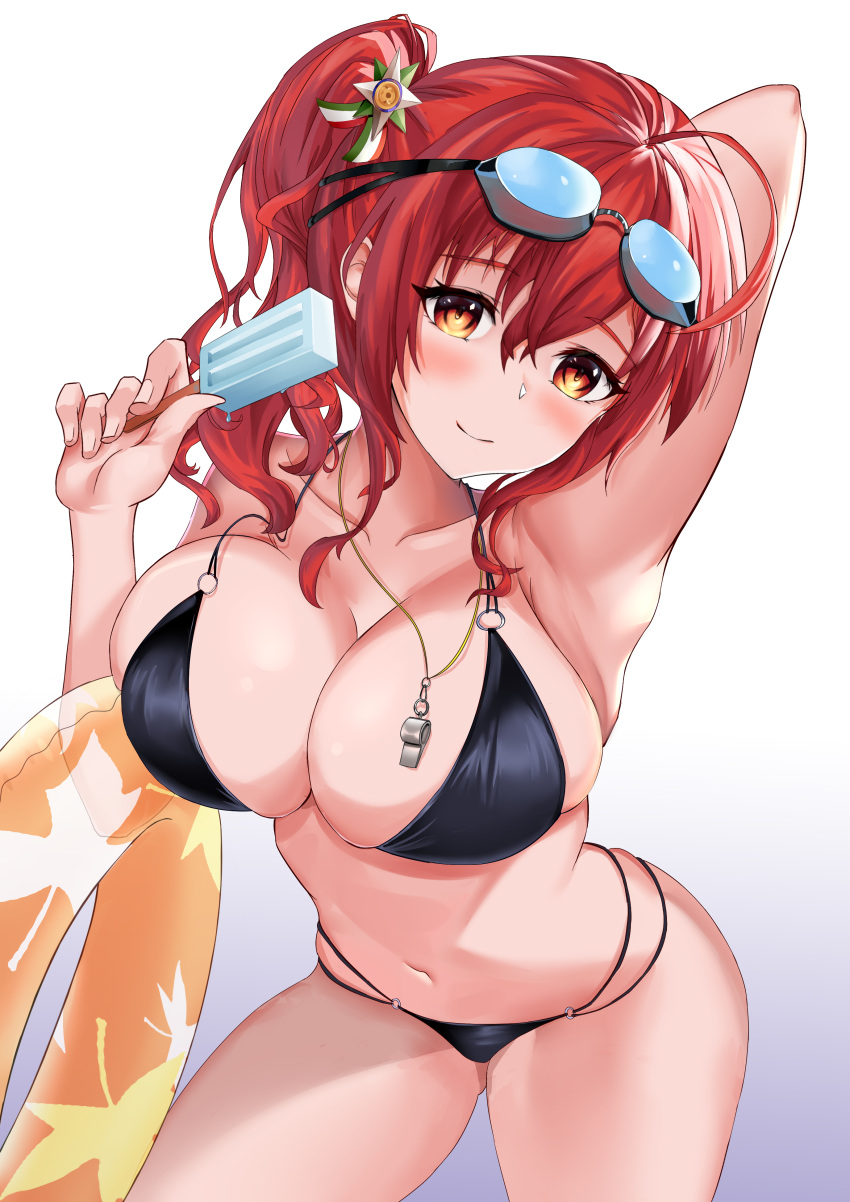 1girl absurdres ahoge arm_behind_head arm_up armpits azur_lane bangs bikini black_bikini blush breasts chinese_commentary collarbone commentary_request cowboy_shot eyebrows_visible_through_hair food goggles goggles_on_head gradient gradient_background grey_background hair_between_eyes highleg highleg_bikini highres holding holding_food innertube large_breasts leaning_forward long_hair looking_at_viewer midriff multi-strapped_bikini multiple_straps mz_(yeye_ai_chipao_mian) navel o-ring o-ring_bikini popsicle redhead side_ponytail sidelocks simple_background smile solo standing swimsuit wet whistle whistle_around_neck white_background zara_(azur_lane) zara_(poolside_coincidence)_(azur_lane)