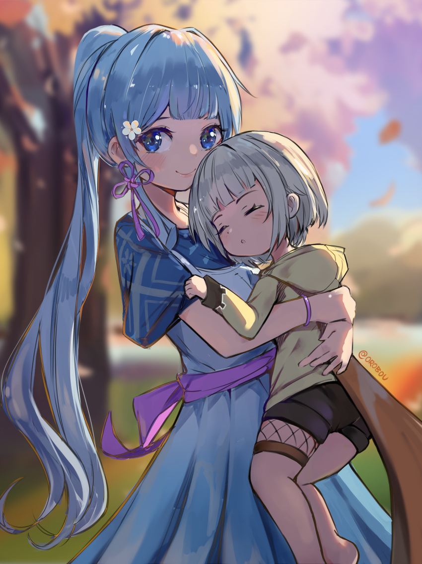 2girls artist_name bangs barefoot black_shorts blue_dress blue_eyes blue_hair blunt_bangs bracelet brown_jacket carrying cherry_blossoms child closed_eyes commentary_request dress fake_tail flower genshin_impact hair_flower hair_ornament highres hood hug jacket jewelry kamisato_ayaka long_hair looking_at_viewer multiple_girls open_mouth orobou outdoors ponytail raccoon_tail sayu_(genshin_impact) short_hair short_shorts short_sleeves shorts silver_hair sleeping smile tail thigh_strap tree very_long_hair