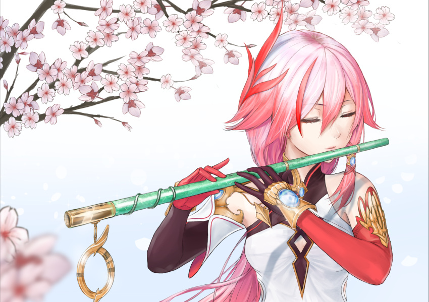 1girl asymmetrical_gloves bangs black_gloves branch cherry_blossoms china_dress chinese_clothes closed_eyes dress elbow_gloves fattybot flute fu_hua fu_hua_(phoenix) gloves hair_between_eyes hair_ornament holding holding_instrument honkai_(series) honkai_impact_3rd instrument long_hair mismatched_gloves music playing_instrument ponytail red_gloves sleeveless sleeveless_dress solo white_dress white_hair