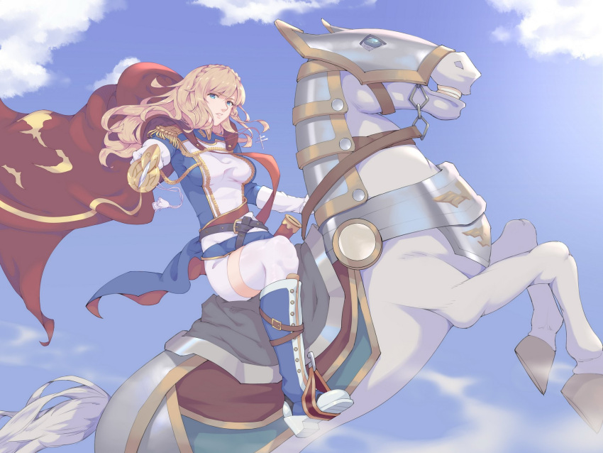 belt blonde_hair blue_eyes boots cape clouds day epaulettes highres horse horse_armor kamkac long_hair looking_at_viewer red_cape richelieu_(warship_girls_r) riding sheath sky sword warship_girls_r weapon