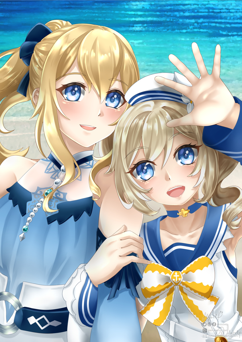 2girls :d absurdres alybelp arm_hug armpits bangs barbara_(dq6) barbara_(genshin_impact) beach blonde_hair blue_eyes blue_swimsuit bow choker collarbone commission detached_sleeves drill_hair english_text eyebrows_visible_through_hair genshin_impact hair_between_eyes hair_bow hair_ornament hair_ribbon hat highres jean_(genshin_impact) jean_(sea_breeze_dandelion)_(genshin_impact) light_brown_hair long_hair looking_at_viewer multiple_girls ocean open_mouth ponytail ribbon sidelocks smile swimsuit twin_drills twintails waving