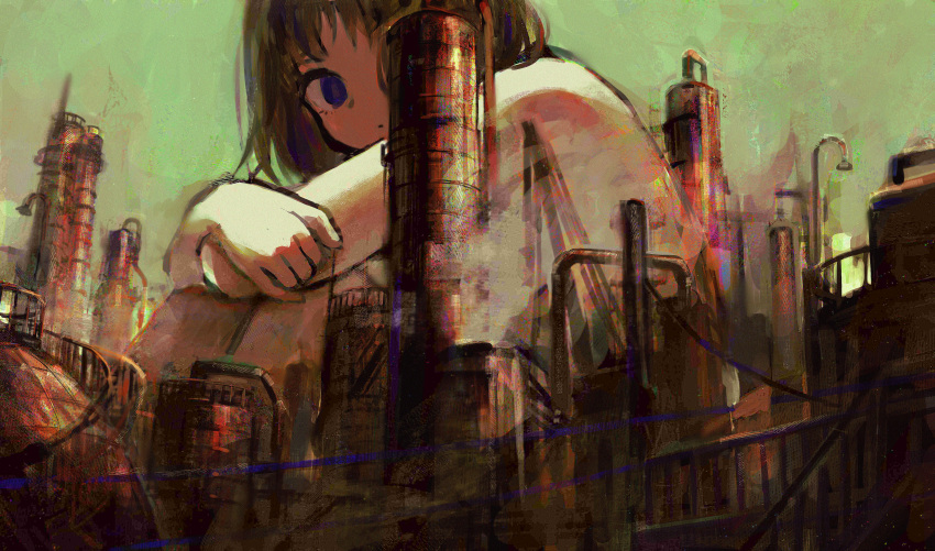 1girl absurdres brown_hair closed_mouth completely_nude crossed_arms factory from_side giant giantess green_background highres looking_at_viewer looking_to_the_side nude one_eye_covered original simple_background sitting solo tentsuu_(tentwo) violet_eyes