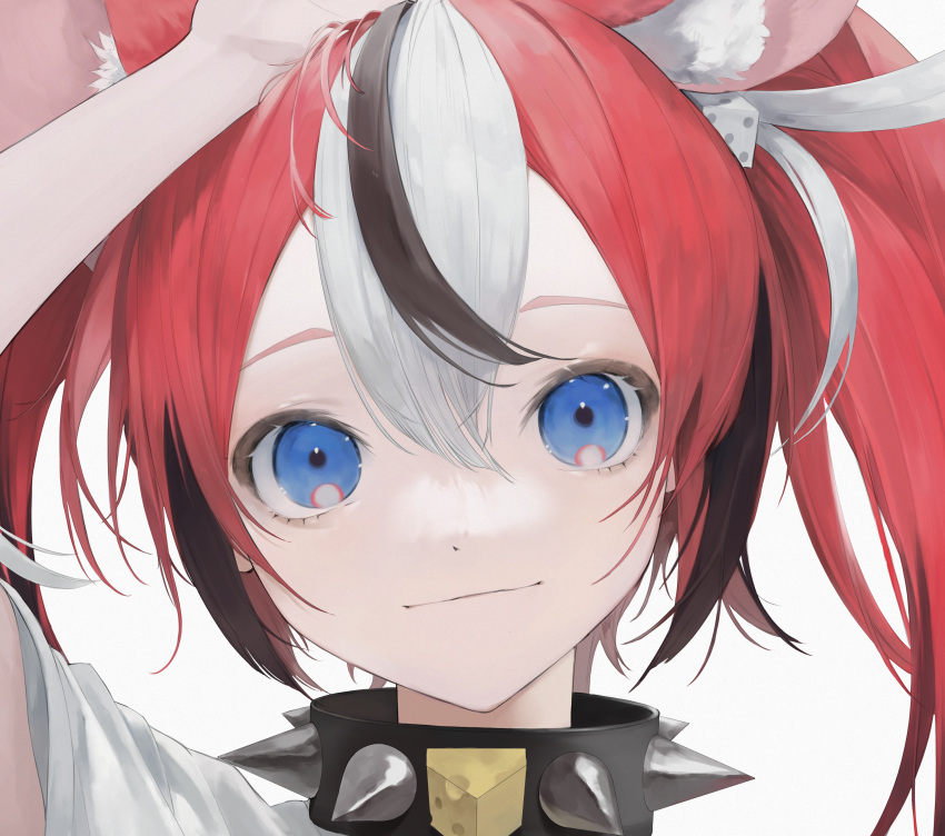 1girl absurdres animal_ear_fluff animal_ears arm_up black_collar black_hair blue_eyes collar dice_hair_ornament face hair_between_eyes hair_ornament hakos_baelz highres hololive hololive_english huge_filesize looking_at_viewer mile_(mil2) mouse_ears mouse_girl multicolored_hair pale_skin portrait redhead solo spiked_collar spikes streaked_hair virtual_youtuber white_hair