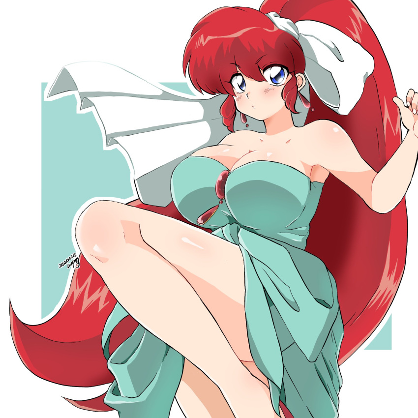 1girl alternate_hairstyle bare_shoulders blue_eyes breasts dress earrings green_dress hair_ribbon highres jewelry large_breasts long_hair nakajima_lupus ranma-chan ranma_1/2 redhead ribbon solo strapless strapless_dress